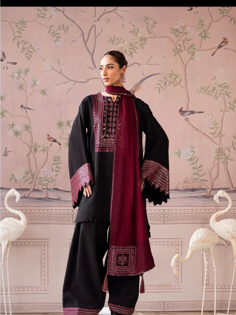 Black & Burgundy Embroidered Long Sleeve Dress with Matching Scarf by VANYA